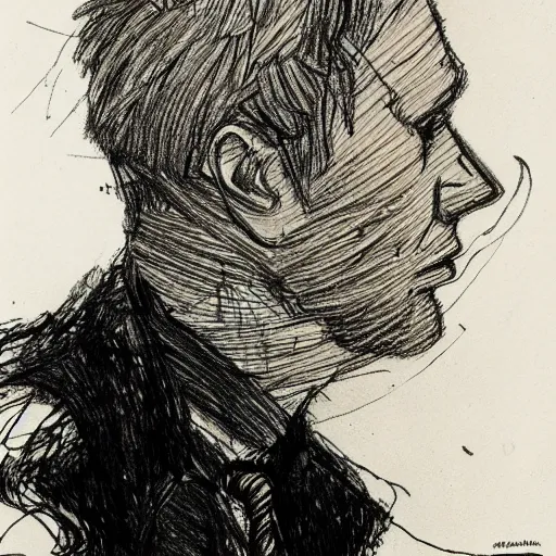 Image similar to a realistic yet scraggly portrait sketch of the side profile of a stern and sophisticated ben gibbard, trending on artstation, intricate details, in the style of frank auerbach, in the style of sergio aragones, in the style of martin ansin, in the style of david aja, in the style of mattias adolfsson