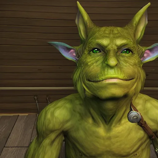 Image similar to medium portrait of a goblin, green skin, ffxiv, final fantasy 1 4 screenshot, octane render, 8 k, fantasy, rule of thirds, sharp focus