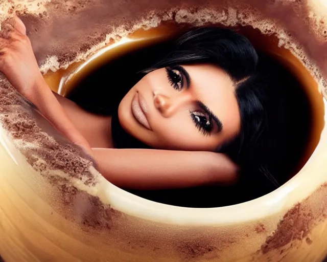 Prompt: Kim Kardashian inside a giant cup of coffee, cinematic, highly detailed, HD, 4K, professional image, professional lighting