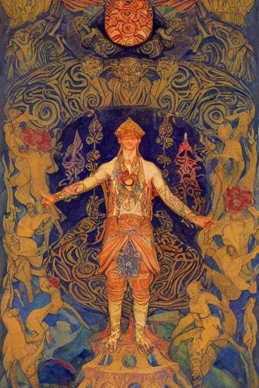 Image similar to coronation of the flower prince, by Annie Swynnerton and Nicholas Roerich, embroidered brocade, tattoos, elaborate costume, geometric ornament, symbolist, rich colors, dramatic lighting, smooth, sharp focus, extremely detailed