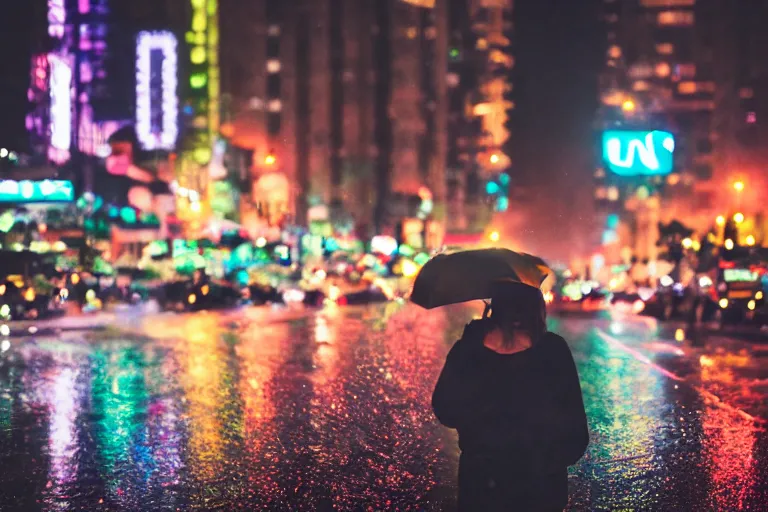 Image similar to canon, 30mm, bokeh, city at night, raining, reflections, people with umbrellas, neon lights