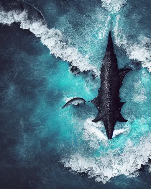 Image similar to aerial view, dark sea, swimming leviathan, fantasy art, trending on artstation