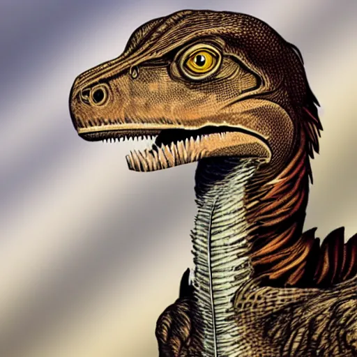 Image similar to a photograph of a velociraptor with feathers