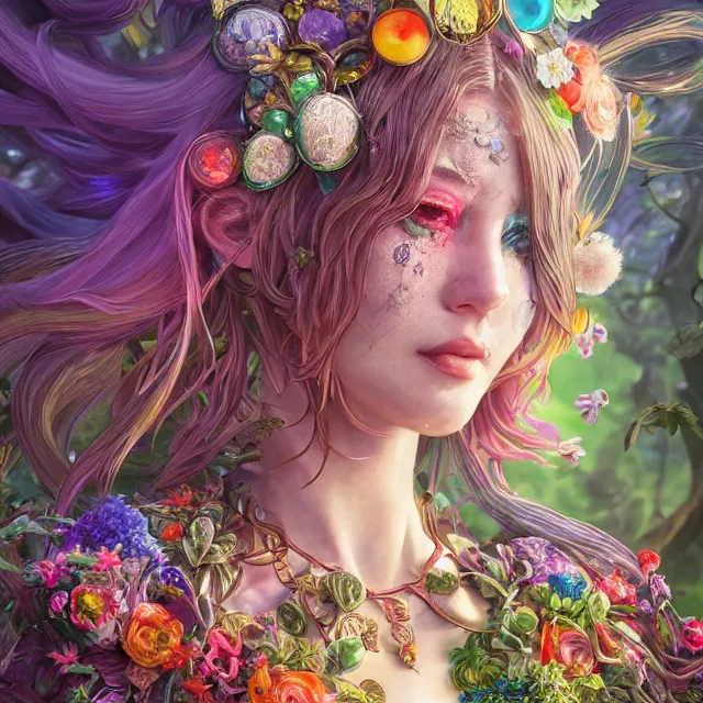Prompt: the portrait of chaotic good female rainbow colorful druid botanist as absurdly beautiful, gorgeous, elegant, young gravure idol, an ultrafine hyperdetailed illustration by irakli nadar, james jean, intricate linework, sharp focus, bright colors, octopath traveler, final fantasy, unreal engine highly rendered, global illumination, radiant light, detailed and intricate environment