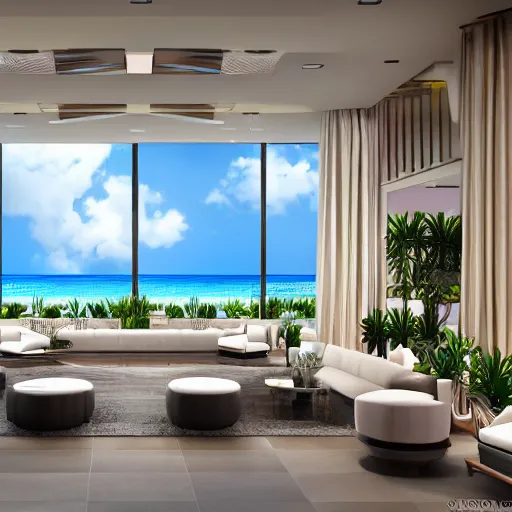 Image similar to realistic luxury hotel lobby interior in miami with pools in the background, corona render, detailed