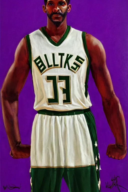 Image similar to full body portrait of the dictator of the milwaukee bucks, 1 8 8 9, in full military garb, purple, on canvas by william sidney mount, trending on artstation