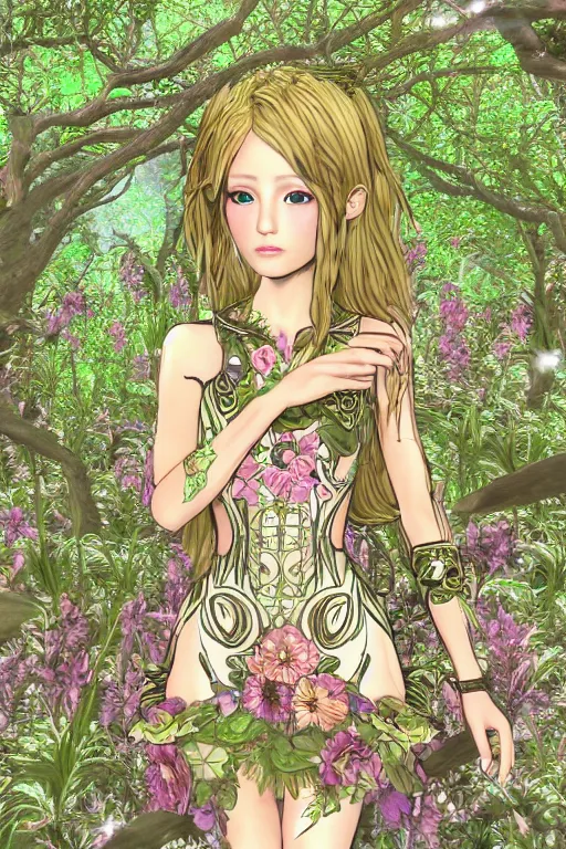 Image similar to beautiful female forest spirit wearing ornate floral cybernetic hungarian valentino resort dress in a lofi 3 d psx rpg style, esoteric magical alien meadow ritual environment, fashion gameplay screenshot portrait, highly detailed, atelier, xenogears