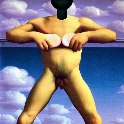 Image similar to The Son of Man by Rene Magritte. Vaporwave
