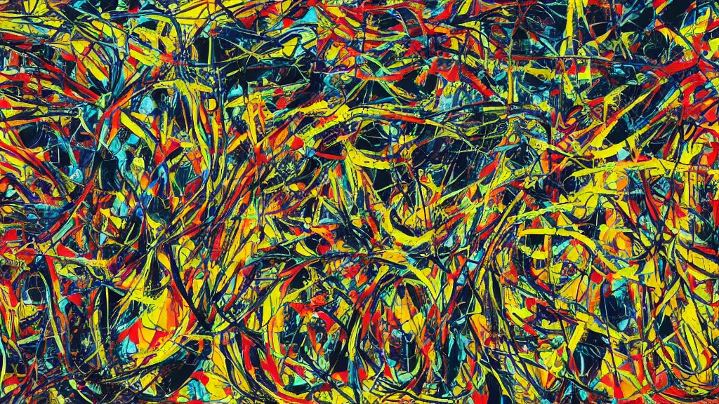 Prompt: abstract art painting, lines, forms, shapes, in style of jackson pollock, 4 k, high resolution details,