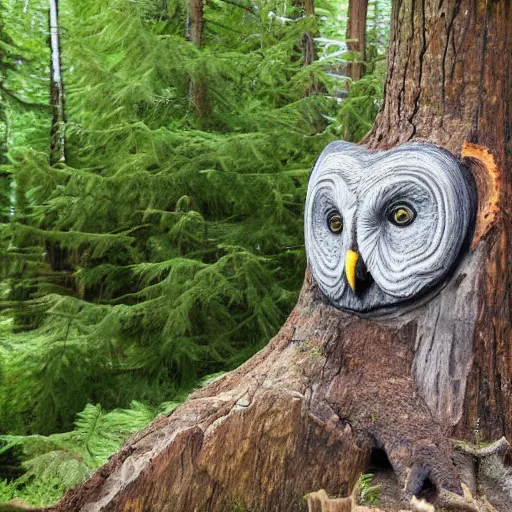 Prompt: top-side view of tree stump with tree rings carvings in the shape of the great grey owl