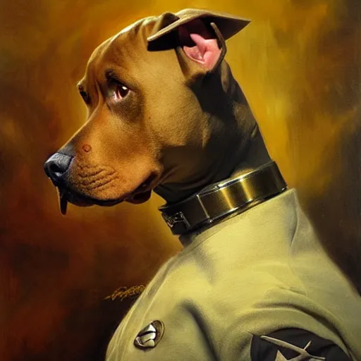 Prompt: a portrait of a pitbull dogman canine star trek officer. highly detailed painting by gaston bussiere, craig mullins, j. c. leyendecker, furry