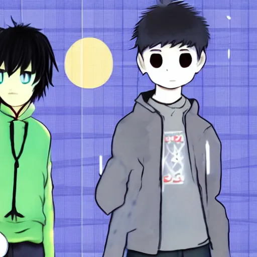 Image similar to Jetstream Sam in the video game Omori, standing next to Omori, style of Omori