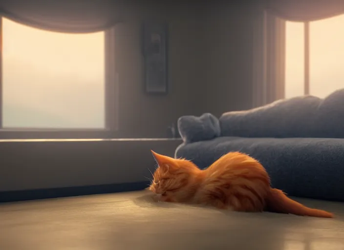 Image similar to a portrait of ginger cat, sleeping on a grey couch, close up, sun - rays, studio ghibli, pixar and disney animation, sharp, rendered in unreal engine 5, anime key art by greg rutkowski, bloom, dramatic lighting