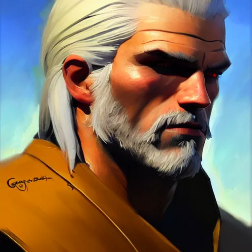 Image similar to Greg Manchess portrait painting of Geralt of Riva as Overwatch character, medium shot, asymmetrical, profile picture, Organic Painting, sunny day, Matte Painting, bold shapes, hard edges, street art, trending on artstation, by Huang Guangjian and Gil Elvgren and Sachin Teng