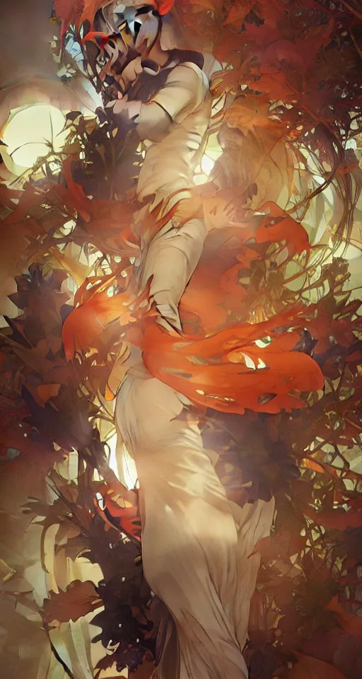 Prompt: the fall season, orange lighting, elegant, dramatic lighting, graphic art, volumetric lighting, sharp focus, detailled, by Krenz Cushart and Artem Demura and Alphonse Mucha