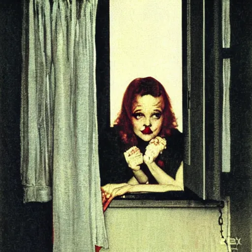 Image similar to vampire looking out her window from her apartment, by norman rockwell