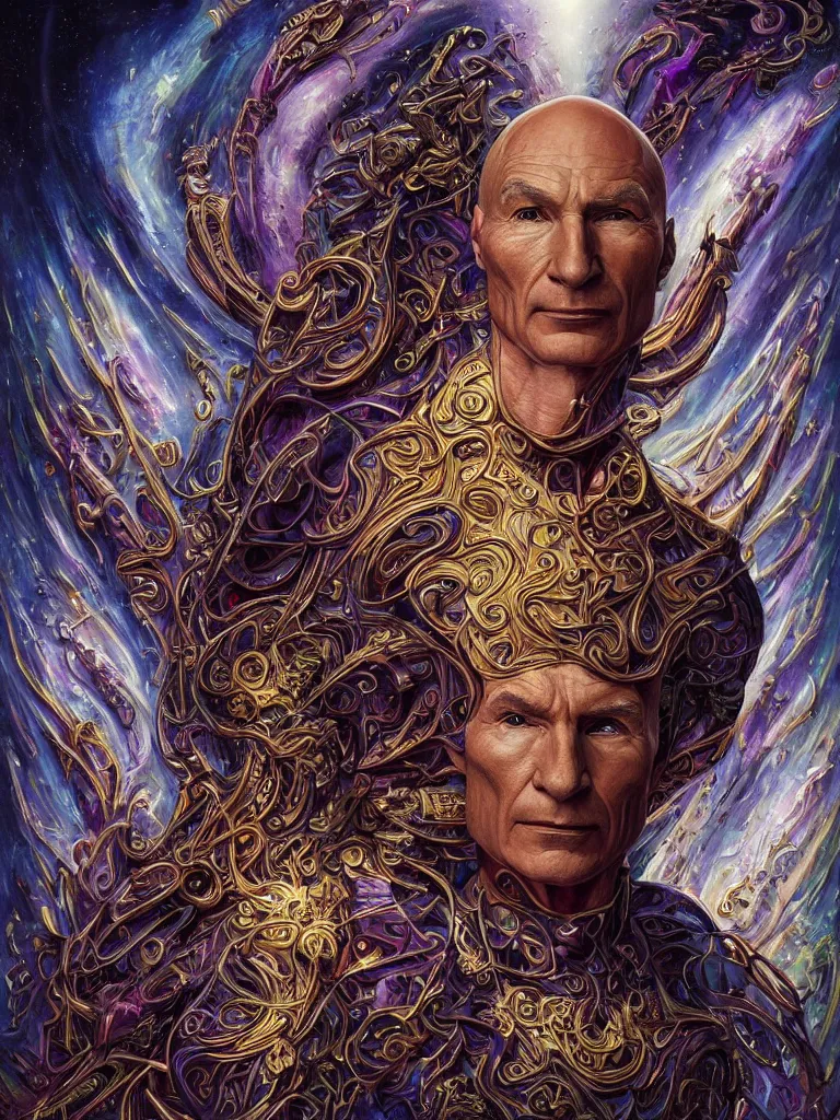 Image similar to fullbody portrait. very complex hyper-maximalist overdetailed cinematic cosmic scifi portrait of an elegant very attractive Captain Picard of the universe by andrei riabovitchev, tomasz alen kopera, oleksandra shchaslyva and peter morbacher. Extremely ornated and decorative. Fancy luxury beautiful. Omnious intricate. Secessionist portrait illustration. Goddess of the sky. Focus on face. Artstation. Deviantart. 8k 4k 64megapixel. Rendered by binx.ly.