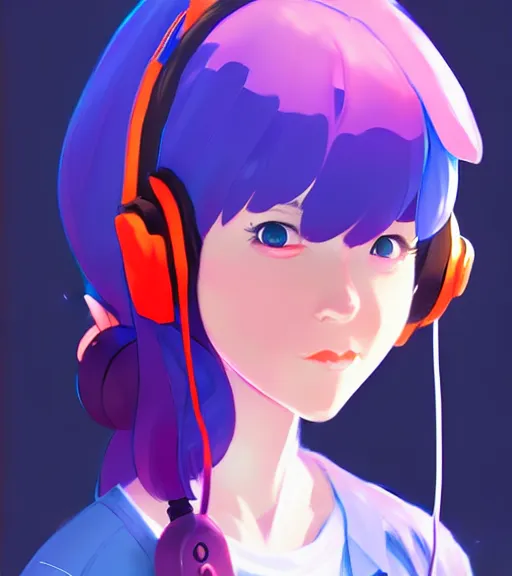 Prompt: little female character inspired by 9 0's fashion and by madeline from celeste, art by rossdraws, wlop, ilya kuvshinov, artgem lau, sakimichan and makoto shinkai, concept art, headphones