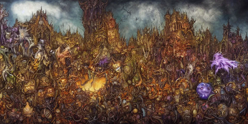 Prompt: ultra-wide view of the most awesome monster party by brian froud and arthur rackham, devils, demons, multiverse, ghosts, witches, pumpkins, dripping, hyper-realistic, bright and colorful, octane render, 8k, extremely detailed, iridescent, photorealistic, horror, gritty, zbrush art, extreme details, cinematic