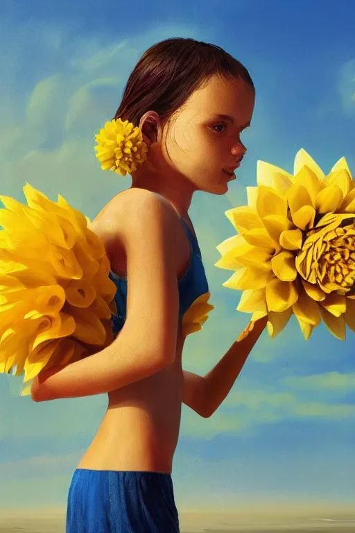 Image similar to closeup girl with huge yellow dahlia flower face, on beach, surreal photography, blue sky, sunrise, dramatic light, impressionist painting, digital painting, artstation, simon stalenhag