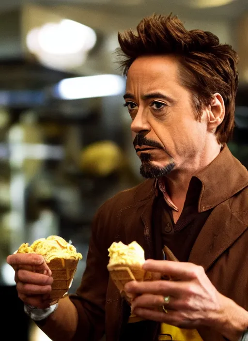 Image similar to a full portrait photo of robert downey jr eating ice cream in movie iron man, f / 2 2, 3 5 mm, 2 7 0 0 k, lighting, perfect faces, award winning photography.