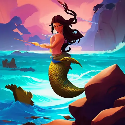 Image similar to painting mermaid treasure on sea of thieves game avatar hero smooth face median photoshop filter cutout vector, behance hd by jesper ejsing, by rhads, makoto shinkai and lois van baarle, ilya kuvshinov, rossdraws global illumination