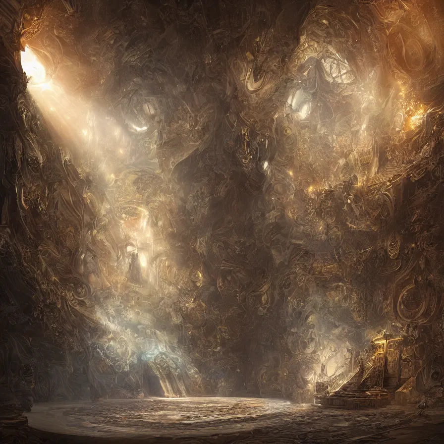 Image similar to digital painting of daniel dociu representing a throne room where a sun ray illuminate the throne, fantasy, elegant, highly detailed, matte, illustration