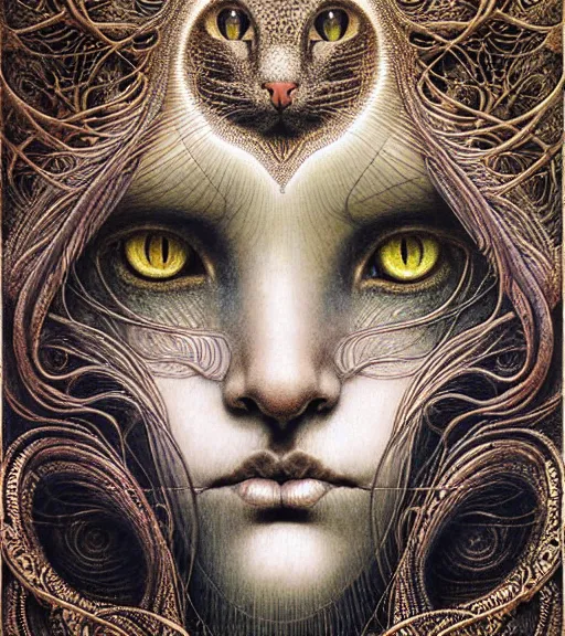 Prompt: detailed realistic beautiful bast cat goddess face portrait by jean delville, gustave dore, iris van herpen and marco mazzoni, art forms of nature by ernst haeckel, art nouveau, symbolist, visionary, gothic, neo - gothic, pre - raphaelite, fractal lace, intricate alien botanicals, biodiversity, surreality, hyperdetailed ultrasharp octane render