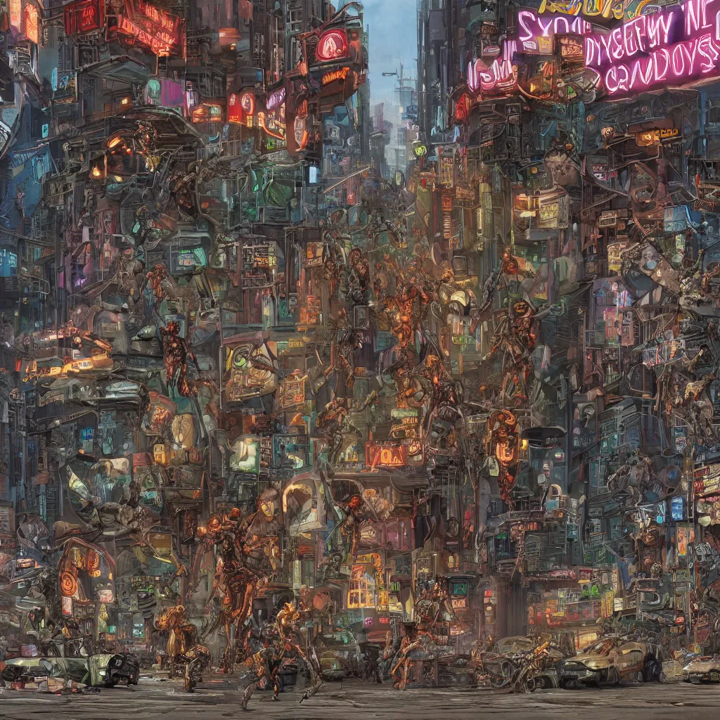 Prompt: An amazing, hyperdetailed full color comic book cover illustration of a dystopian city street corner, with walking humanoid figures and mechanical vehicle traffic, service robots, cyberpunk strip clubs, pimps, prostitutes, gangs, vandals and vagrant broken cyborgs on the sidewalk, by Michael Golden and Mike Mignola, cinematic, highly microdetailed, octane render, vray, rich cinematic atmosphere of trashiness and street filth, perfect digital art, sleazy dark future, perfect mechanical structures, cyberpunk, sci-fi, Dark Horse Comics, Hard Boiled, dim lights, sharp focus, extremely detailed