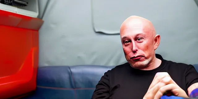 Prompt: full distant shot of bald elon musk in a tracksuit drinking beer in the couch in a dirty trailer, by ken loach