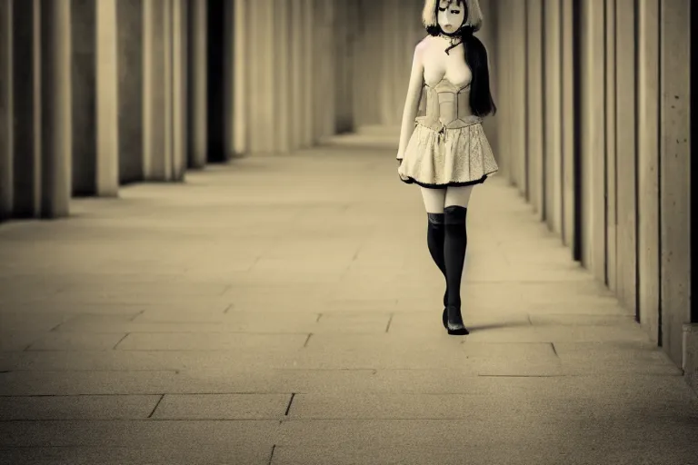 Prompt: a photo portrait of lonely catgirl in style of arbus diane, dressed, symmetry, cinematic, elegant, luxury, perfect light, perfect composition, dlsr photography, sharp focus, 4 k, ultra hd, sense of awe