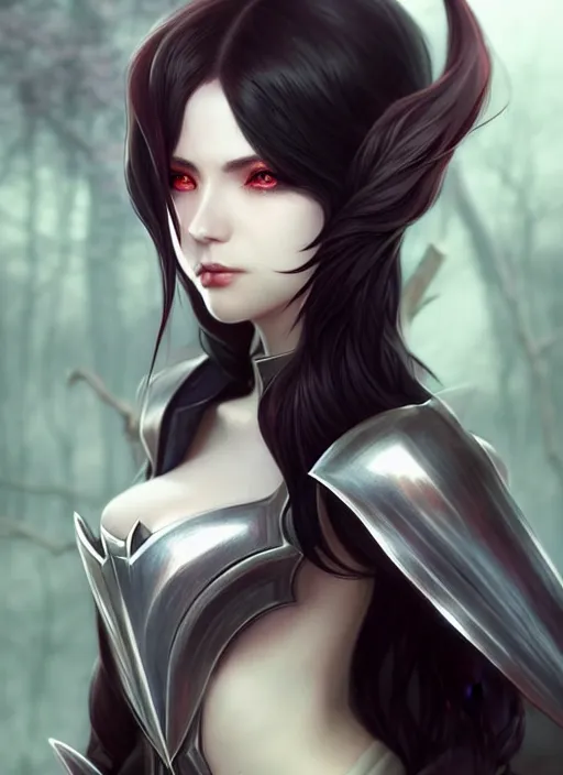 Image similar to full plate armor!!! beautiful and elegant dark hair female vampire!! gorgeous ayes!! character concept art, sharp focus, octane render! unreal engine 5! highly rendered!! trending on artstation!! detailed linework!! illustration by artgerm, wlop, and chie yoshii