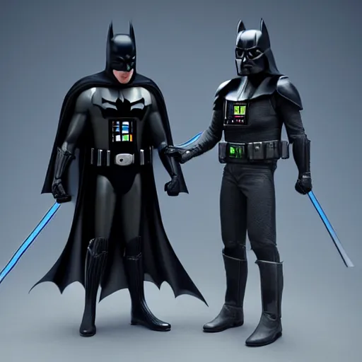 Prompt: batman and darth vader stand side by side, highly detailed, photo realistic. cinematic lighting. atmospheric. concept art. octane render,