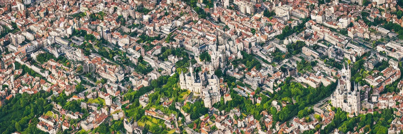 Prompt: A beautiful landscape of a city, with a castle and gardens in the middle, aerial view