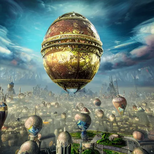 Image similar to enormous flying city in a faberge egg encircled by giant metallic petals, cloudy sky background, steampunk, fantasy art, masterpiece, unreal engine