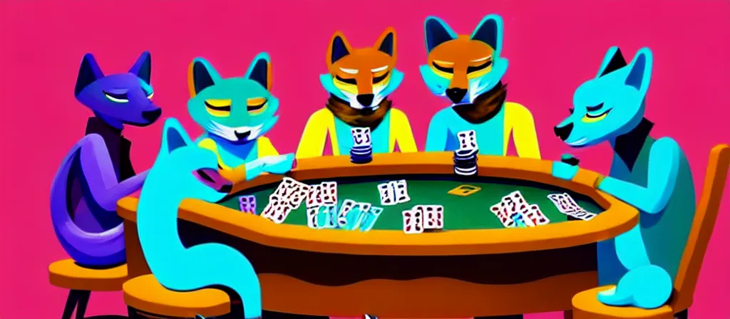 Prompt: Furries playing poker. trending on artstation, vibrant palette, boldly-inked gouache artwork, acrylic painting on oiled canvas, highly detailed digital illustration