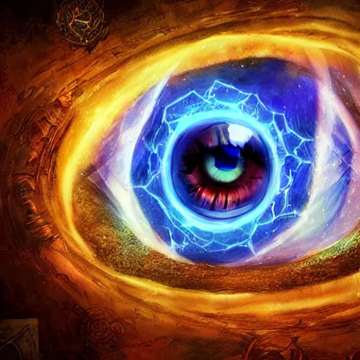 Image similar to giant eye magic spell, magic spell surrounded by magic smoke, floating cards, hearthstone coloring style, epic fantasy style art, fantasy epic digital art