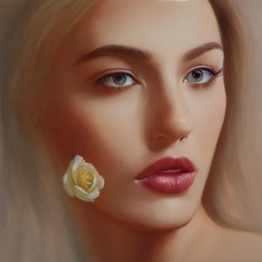 Image similar to hyperrealism oil painting, fashion model portrait, eye roses