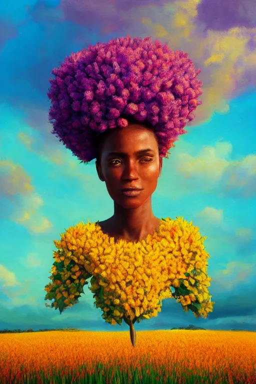 Prompt: closeup, large flower as a head, african woman in heather field, surreal photography, golden hour, colorful clouds, impressionist painting, digital painting, artstation, simon stalenhag