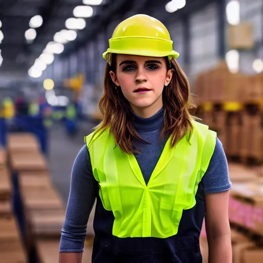 Prompt: photo, close up, emma watson in a hi vis vest, in warehouse, android cameraphone, snapchat story, 2 6 mm,