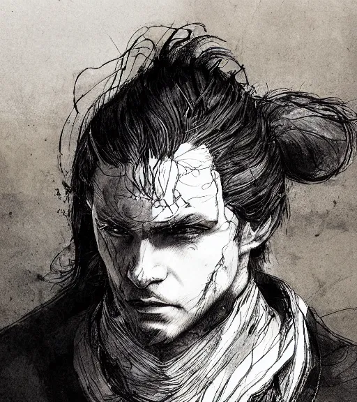 Prompt: portrait of clean - shaven man with pony - tail hair up wearing black robes, pen and ink, intricate line drawings, by craig mullins, ruan jia, kentaro miura, greg rutkowski, loundraw