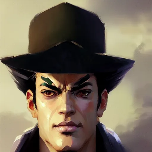 Image similar to jotaro kujo, closeup portrait art by greg rutkowski