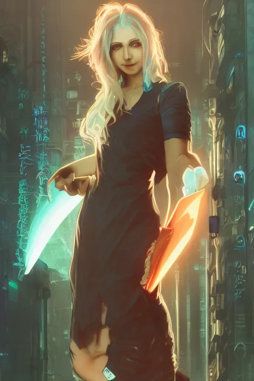 Image similar to portrait, vampire of clan banu haqim, light brown skin, night, long light blue hair, beautiful, in a cyberpunk city, neon signs, jewelry, alphonse mucha, william bouguereau, rossdraws, greg rutkowski, super detailed, realistic, octane render, volumetric, cinematic, 8 k