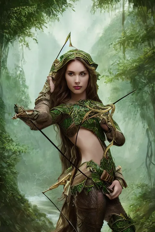 Prompt: a beautiful young woman, an elf ranger with bow and arrow, long flowing hair with hood, mostly green and brown leather pirate armor, young female face, vine like plants and jungle background, cinematic top lighting, insanely detailed and intricate, face by wlop, Charlie Bowater, golden ratio, symmetric, elegant, ornate, luxury, elite, matte painting, MTG, magic the gatheing, cinematic, cgsociety, 8k, high resolution