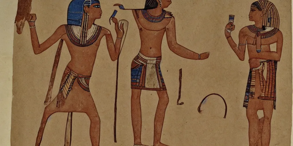 Image similar to Egyptian drawing of a man using a shake weight, ancient, photorealistic