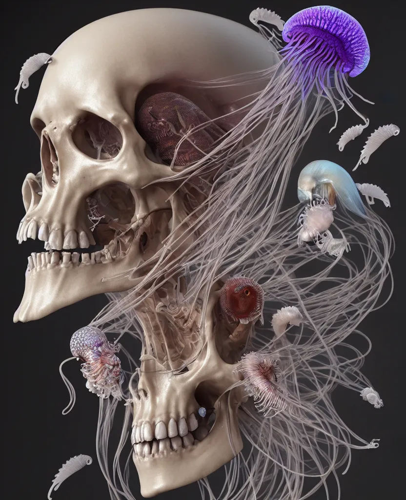 Image similar to goddess close - up portrait human skeleton, ram skull, jellyfish, orchid, betta fish, bioluminiscent, intricate artwork by tooth wu and wlop and beeple. octane render, trending on artstation, greg rutkowski very coherent symmetrical artwork. cinematic, hyper realism, high detail, octane render, 8 k