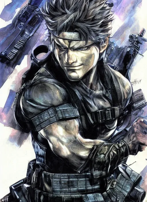 Prompt: solid snake full body portrait by yoshitaka amano, final fantasy, cover art