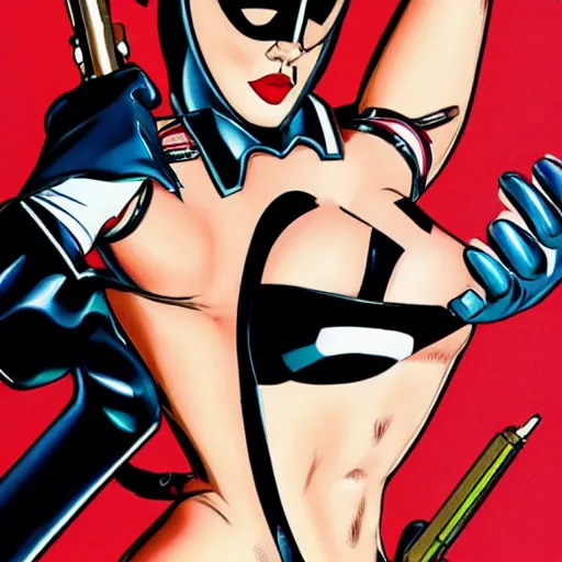 Image similar to sydney savage danger girl pin - up, mask covering mouth, medium shot, bruce timm, j. scott campbell, andy hartnell, inked, tight fit, curvaceous, slim, pinned against a wall