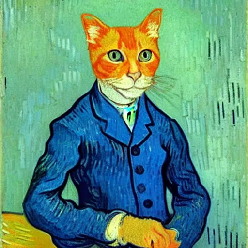 Image similar to a portrait of a ginger orange cat, wearing a light blue suit, by Vincent Van Gogh