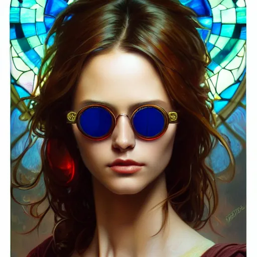 Prompt: sunglasses with lenses made of reflective stained glass,realistic, highly detailed, digital painting, artstation, concept art, smooth, sharp focus, illustration, art by artgerm and greg rutkowski and alphonse mucha